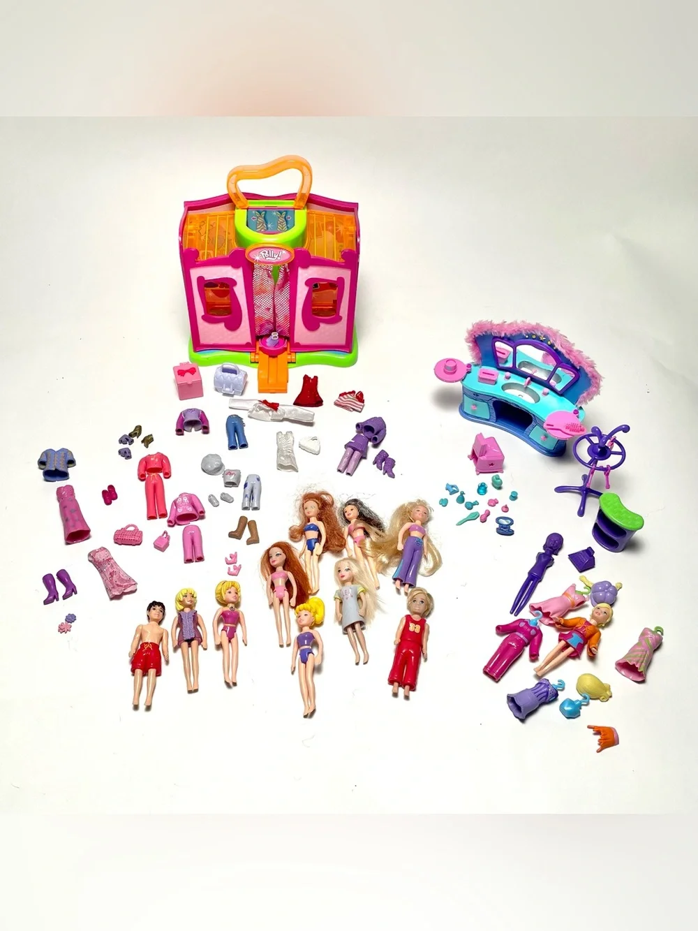 Vtg Early 2000’s Polly Pocket Lot-Dolls, Clothes, Dressing Room, Vanity Y2K